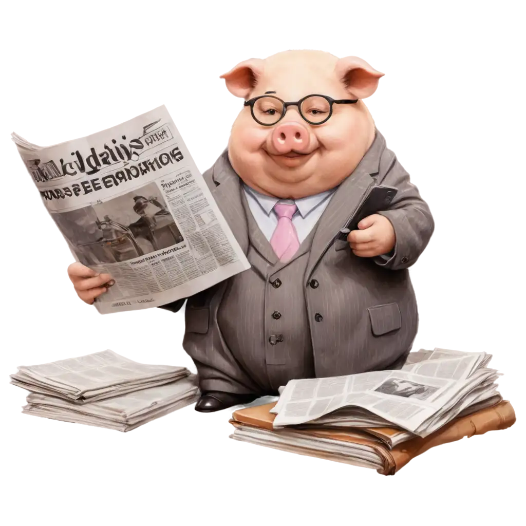 a chubby pig is reading a newspaper