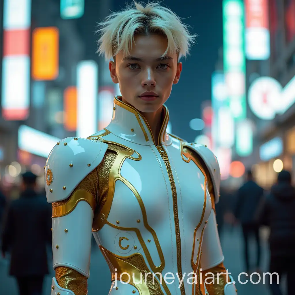Young-Man-in-Metallic-Suit-Posing-in-FuturisticAI-Image-Prompt-Expansion-City-with-Neon-Lights