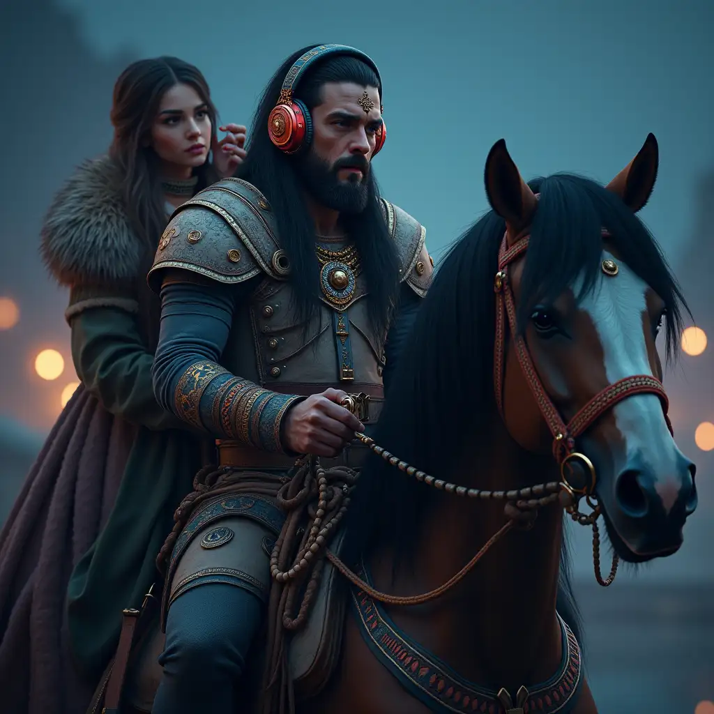 user_prompt: Hyperrealistic depiction of a beautiful white Viking man with tattoo, futuristic headphones, very long black hair holding a walkman in his hand on a horse with a woman, intricately detailed, colorful and futuristic jewelry, night lit background full body