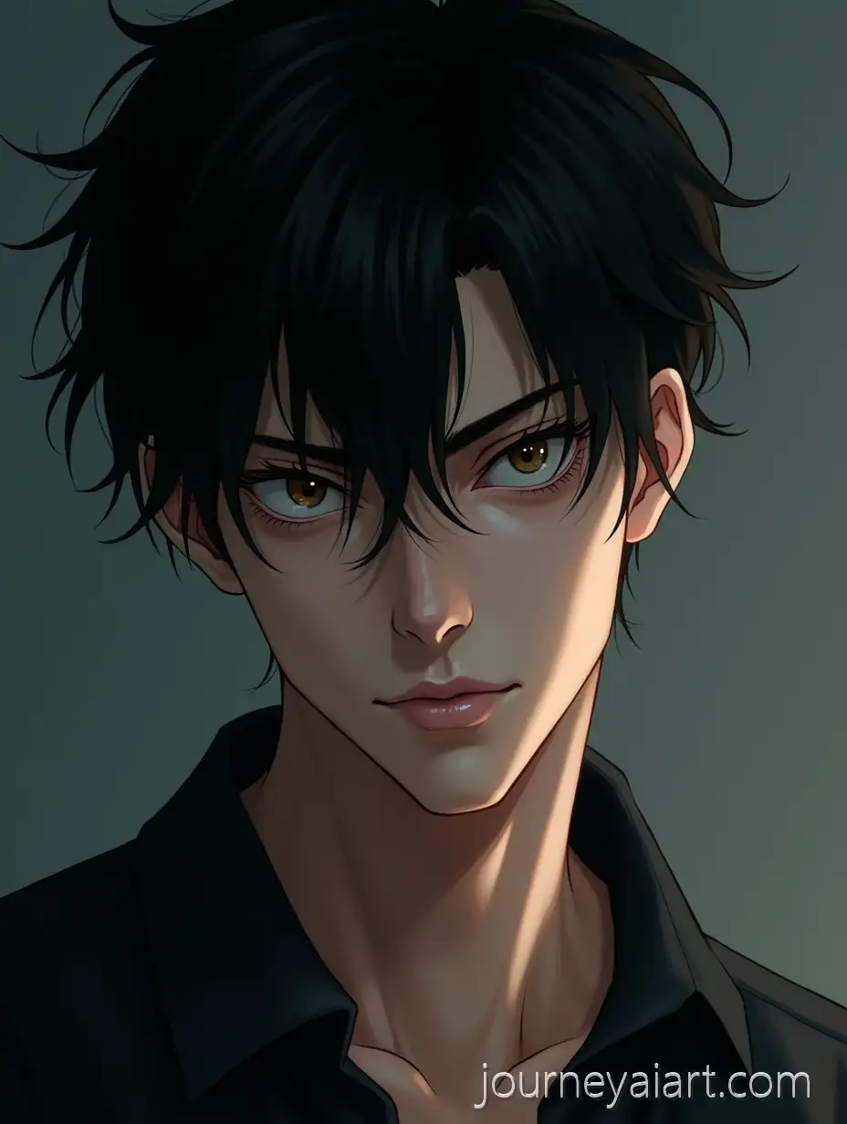 SemiRealistic-Anime-Portrait-of-Tall-Young-Man-with-Messy-Black-Hair-and-Piercing-Hazel-Eyes