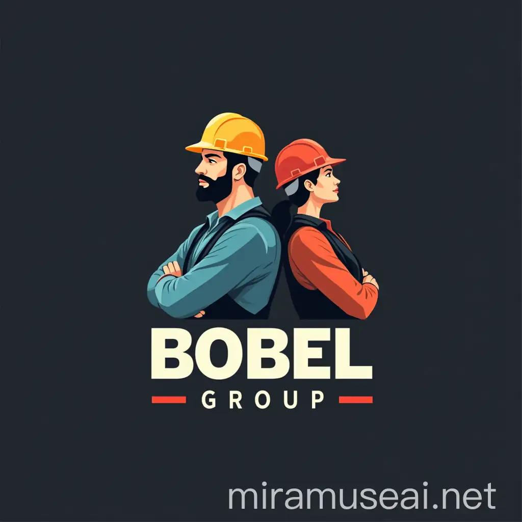 I want a logo named Bobel Group, which should include the initials A and K. It should also feature a man and a woman, both construction workers. I want the design to be simple and convey seriousness. The business is construction