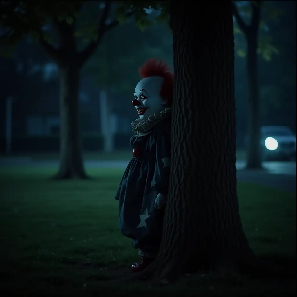 Clown-Hiding-Behind-a-Tree-in-a-Dark-Night-Scene