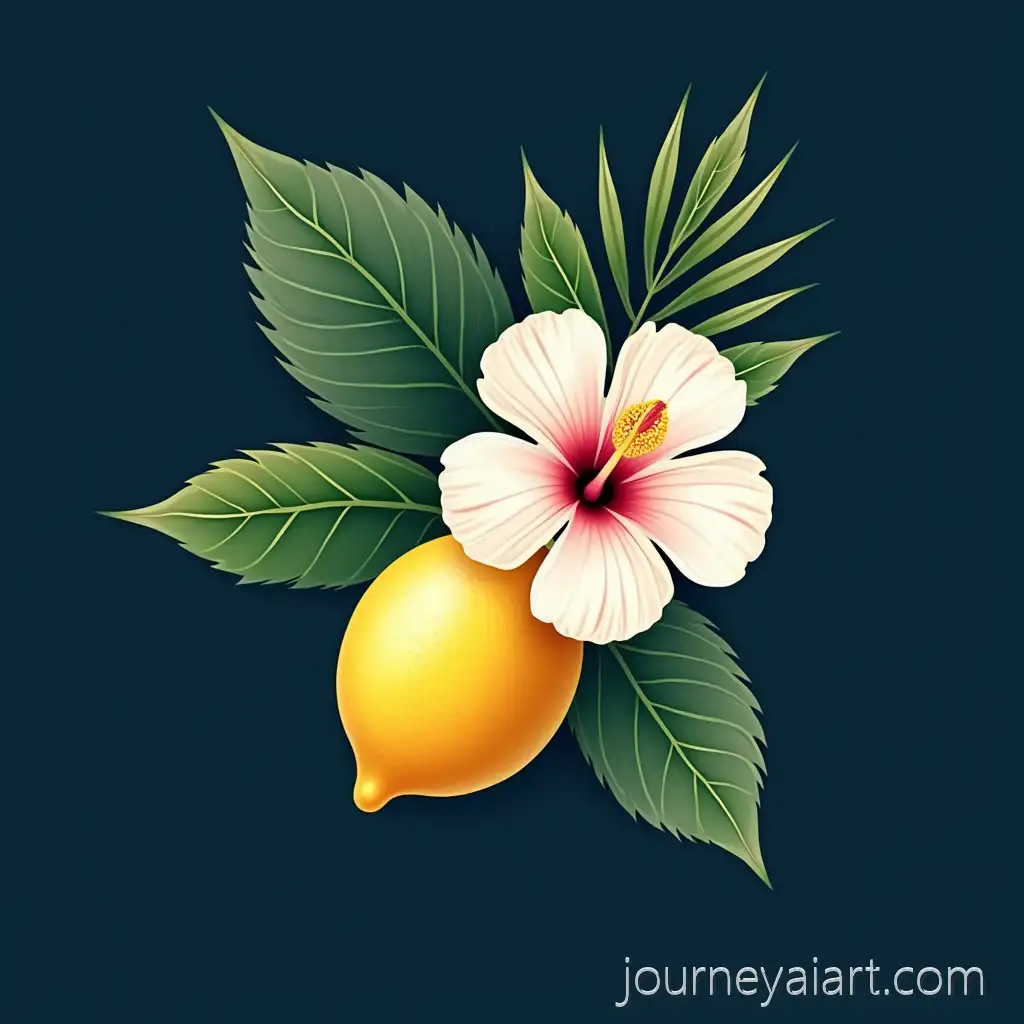 Vector-Illustration-ofLemon-hibiscus-with-palm-leaves-Lemon-and-White-Hibiscus-Flower-with-Palm-Leaves-on-Dark-Blue-Background