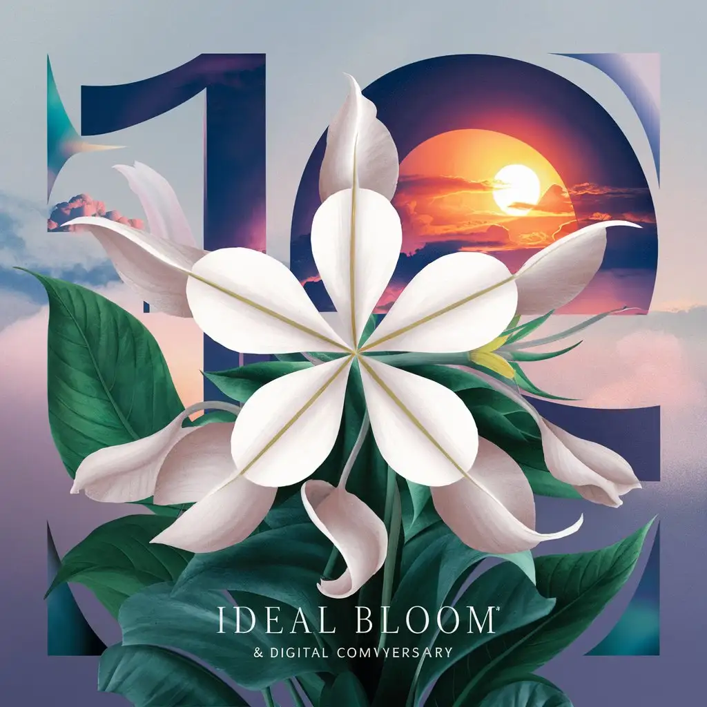 Generate an image for me. Theme: 'Blossom of Ideals' Elements: ① Haier's six-petal flower; ② Ten-year anniversary, symbolizing the number '10'; ③ Symbolizing ideals. It should have elegance and design sense