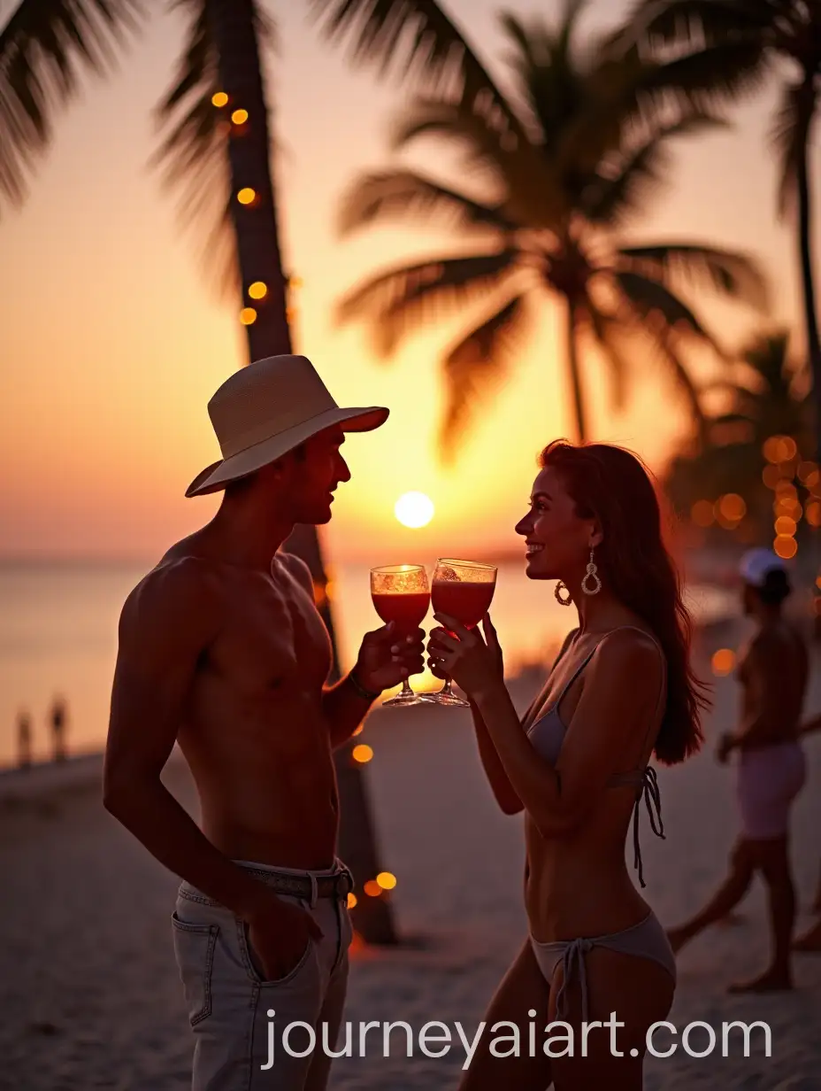 People-Enjoying-Cocktails-on-the-Beach-at-Sunset-with-Christmas-Lights-on-Palm-Trees