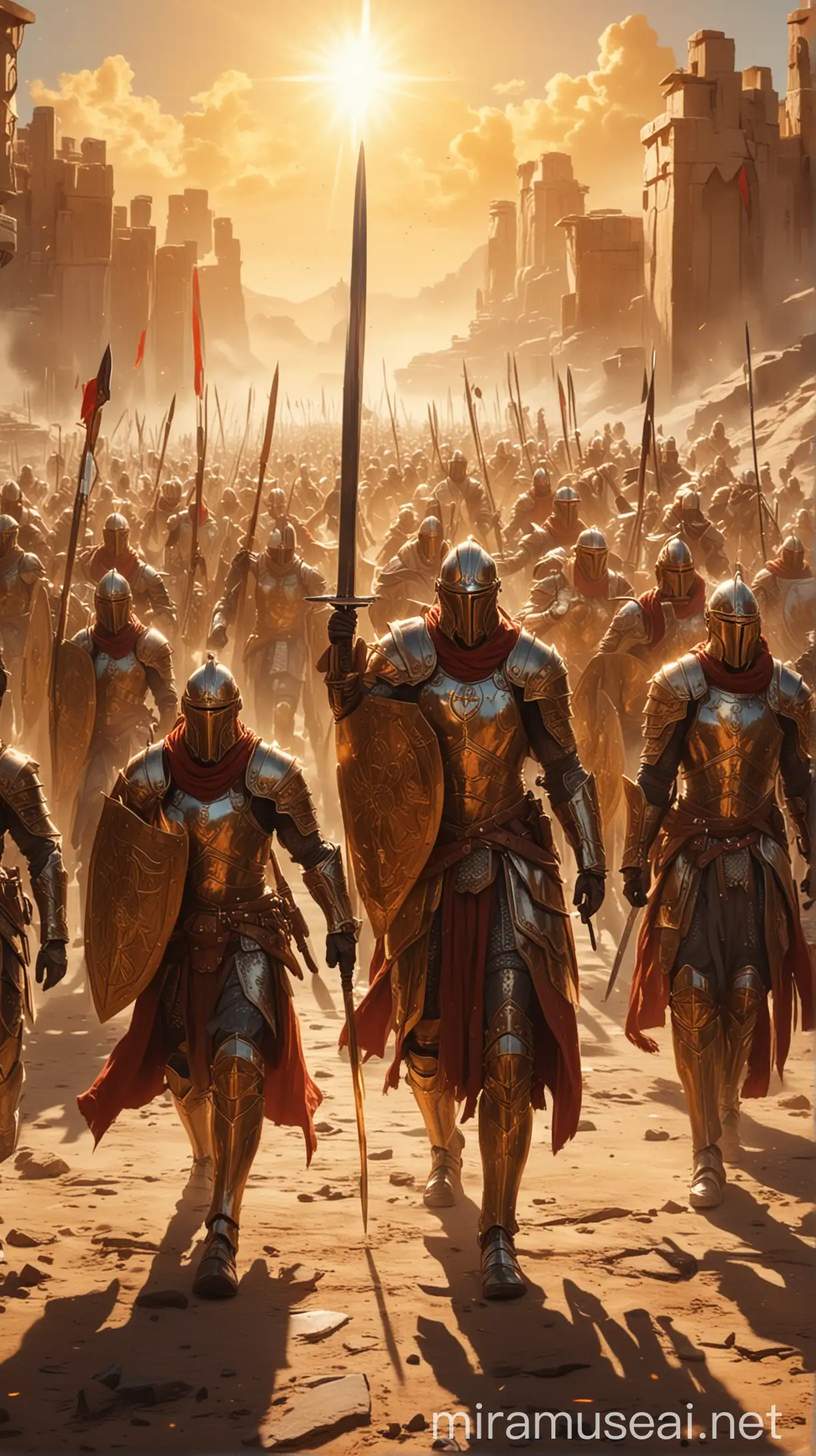 Elite Soldiers Marching in Gleaming Armor Under a Blazing Sun