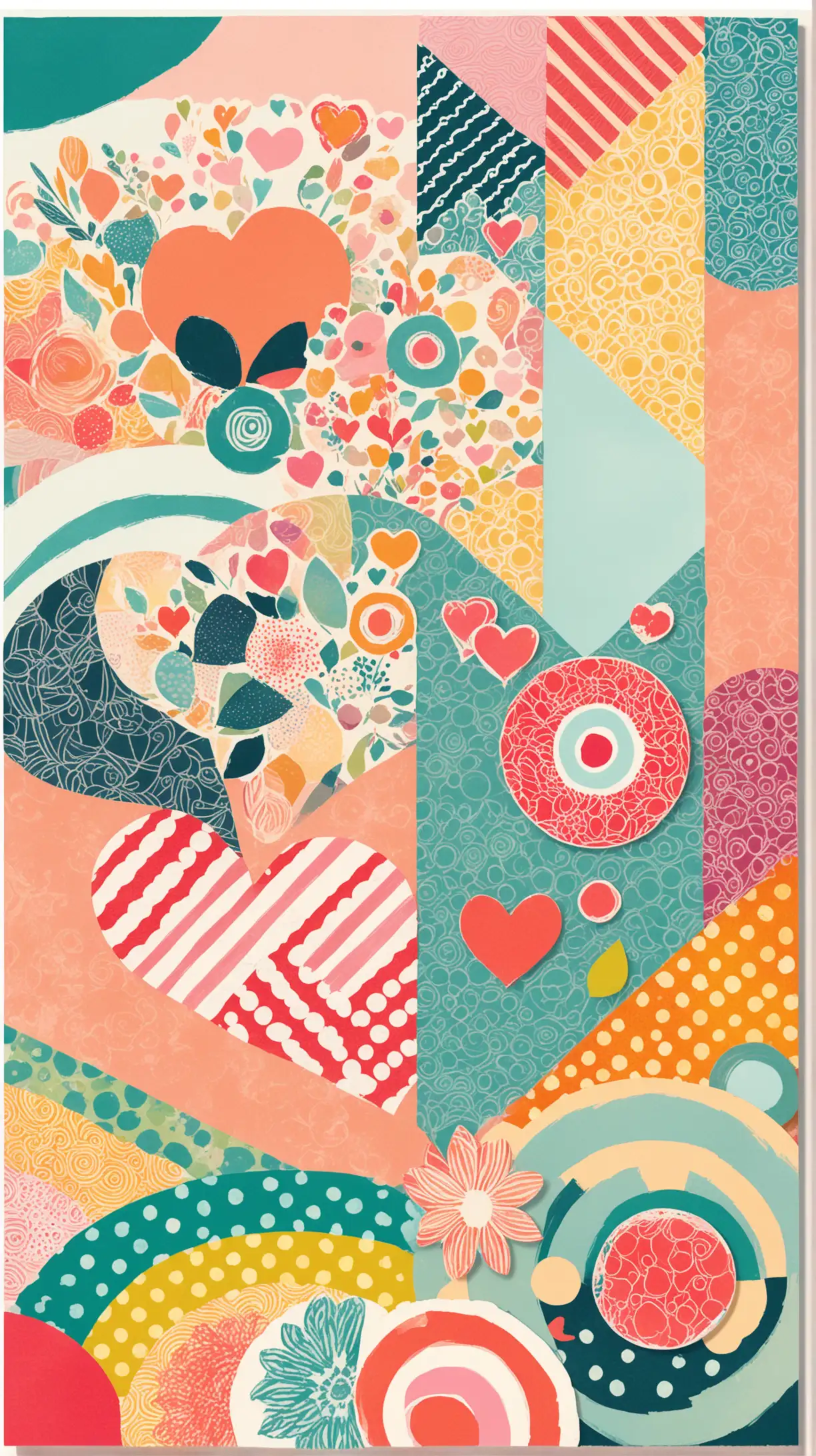 create an image featuring a vibrant, collage-style design filled with bold, colorful patterns and abstract shapes, including chevrons, polka dots, concentric circles, stripes, hearts, and floral elements. use a color palette of muted pastels that create a striking contrast. The composition is dynamic and layered, resembling a handmade scrapbook or art journal, with a playful and artistic aesthetic. Each section of the panels showcases a unique arrangement of patterns, offering variety while maintaining a cohesive visual theme.