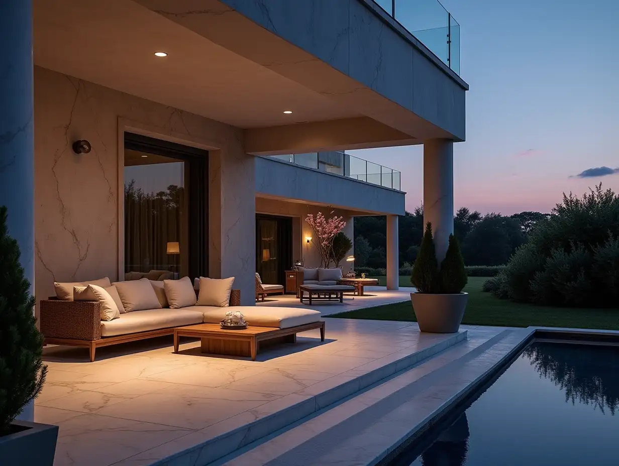 twilight, marble modern country house, close-up veranda, sofa, table, spotlight, garden bushes in the background