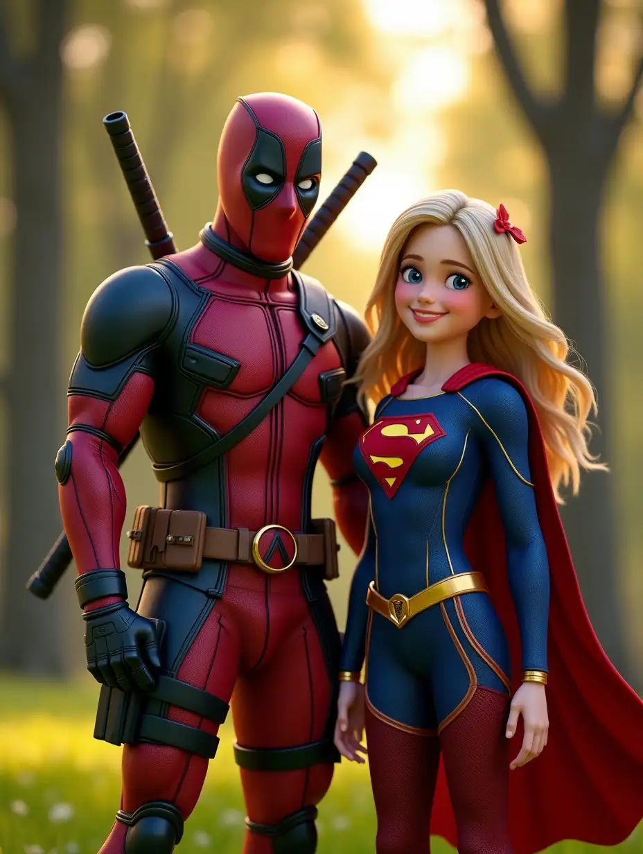 A stunningly detailed 4K 3D render of Deadpool and Supergirl standing together in a lush park during golden hour, surrounded by tall trees and vibrant greenery. Deadpool, wearing his signature red and black tactical suit with realistic fabric textures, armored plates, and utility pouches, has his katanas strapped to his back. His pose is casual, with a playful smirk under his mask, as he stands confidently beside Supergirl.nnSupergirl, depicted as a young, cheerful heroine, has flowing wavy blonde hair tied with a red ribbon, and a bright smile with expressive eyes. She wears her classic blue and red Supergirl suit with the golden 'S' emblem on her chest, a golden belt, and a flowing red cape. Her costume is designed with hyper-realistic fabric textures, detailed seams, and soft lighting reflections.nnThe lighting is warm and cinematic, casting realistic shadows and enhancing the depth of the characters. The background features blurred bokeh lighting effects, adding a sense of realism and depth to the image. The overall tone is a blend of heroic and comedic, capturing Deadpool's quirky personality and Supergirl's bright energy.