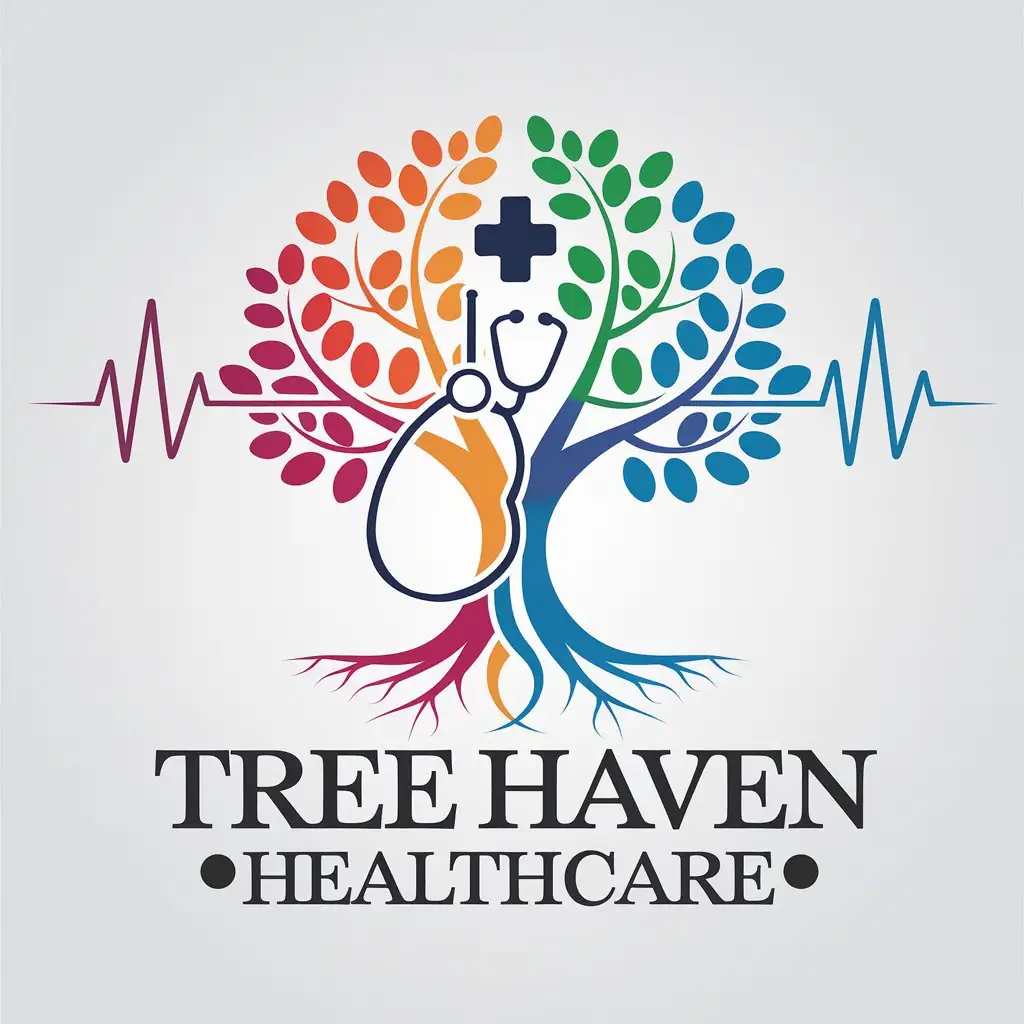 LOGO Design for Tree Haven Healthcare Tree of Life with Stethoscope EKG Strips and Cross Symbolism in MultiColor Theme