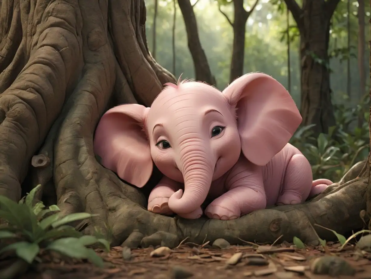 Wide shot, a pink baby elephant sleeping under a large tree, deep in the forest, 3d disney inspire