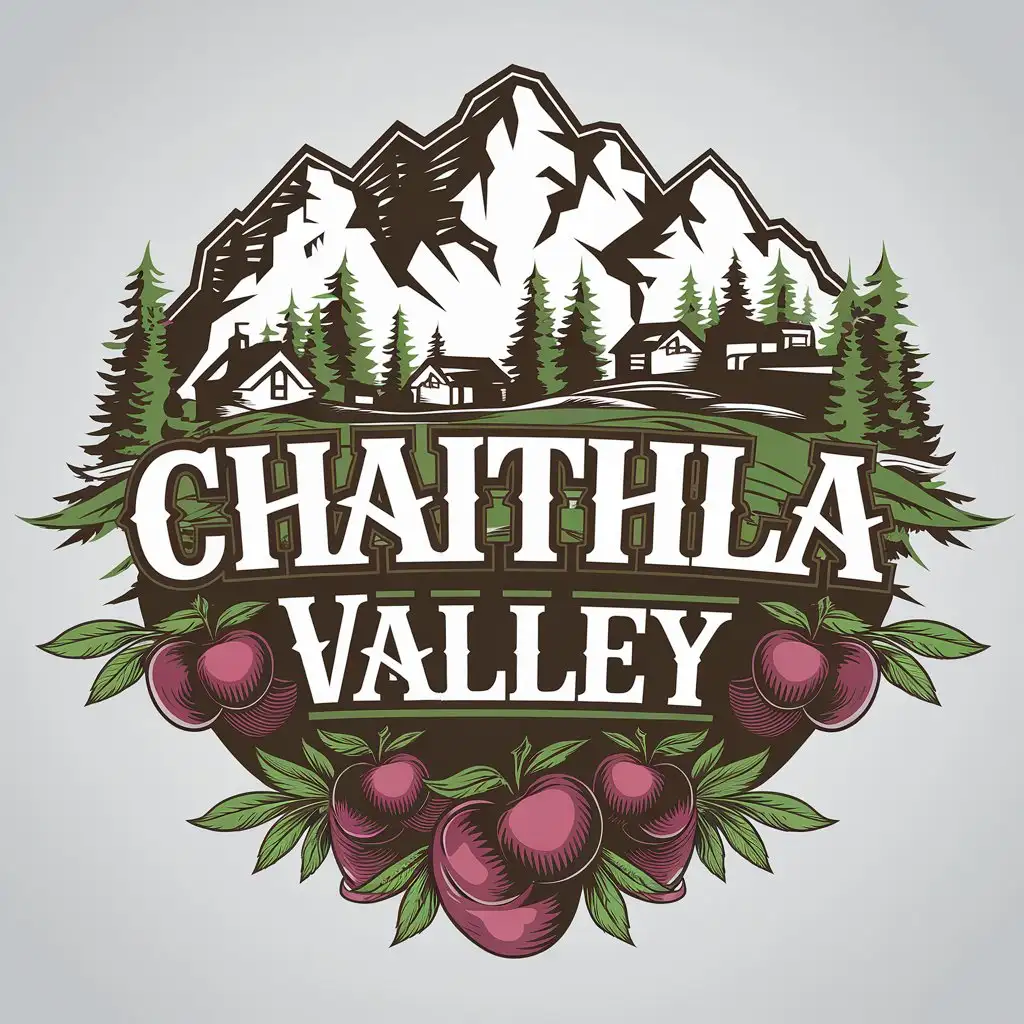 LOGO Design for Chaithla Valley Mountain Pine Trees Apples with Clean Complex Vector Style