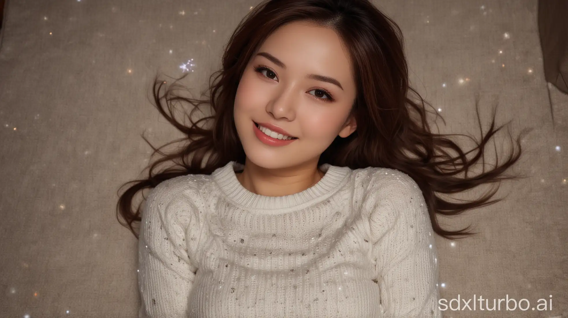 Chinese beauties, fair skin, sweet smile, brown hair, fully made-up snow-white, winter night, white tight sweater, big chest, lying in the living room, shooting an upward angle