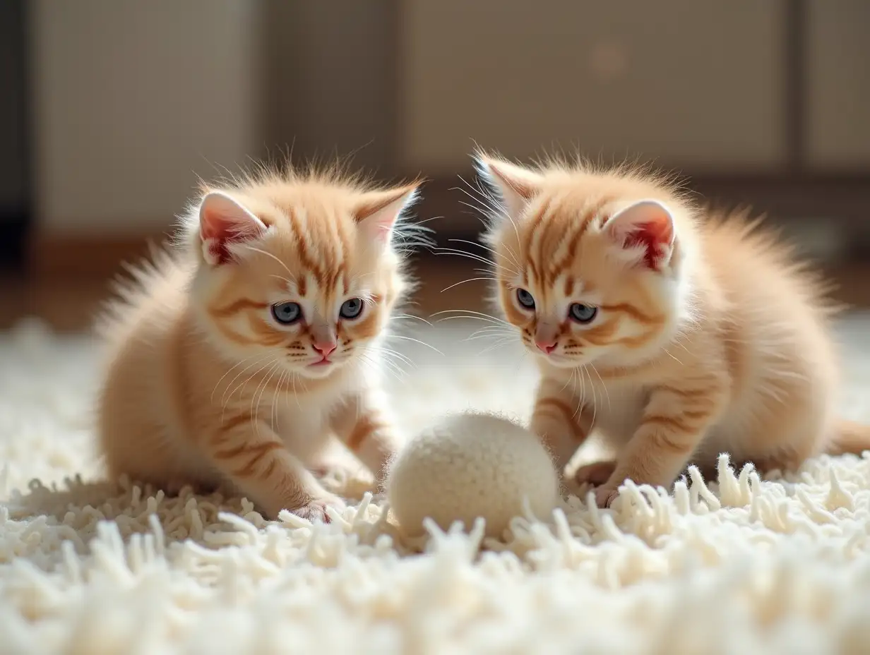 two kittens playing with wool ball on a long hair carpet