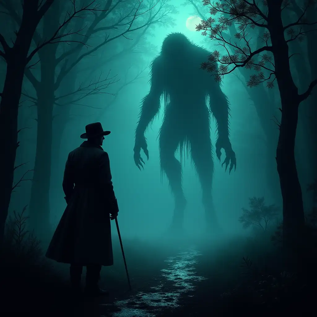 A Victorian-era detective, silhouetted against a bioluminescent forest, investigates a murder committed by a creature from Lovecraftian mythos