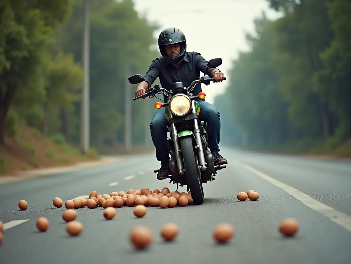 A men drive motorcycle and back seat of motorcycle take eggs and suddenly he falls on road and eggs are broken