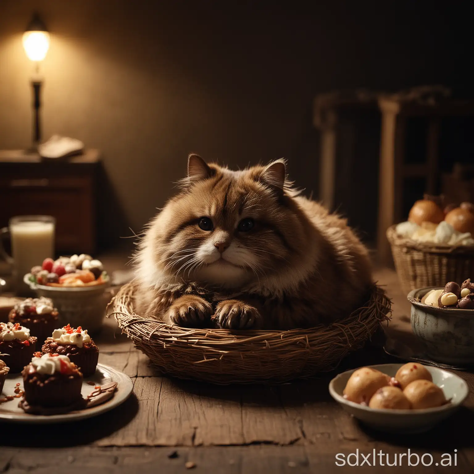 Fat-Tanuki-Cat-Nest-Dessert-Lover-in-Dark-Room