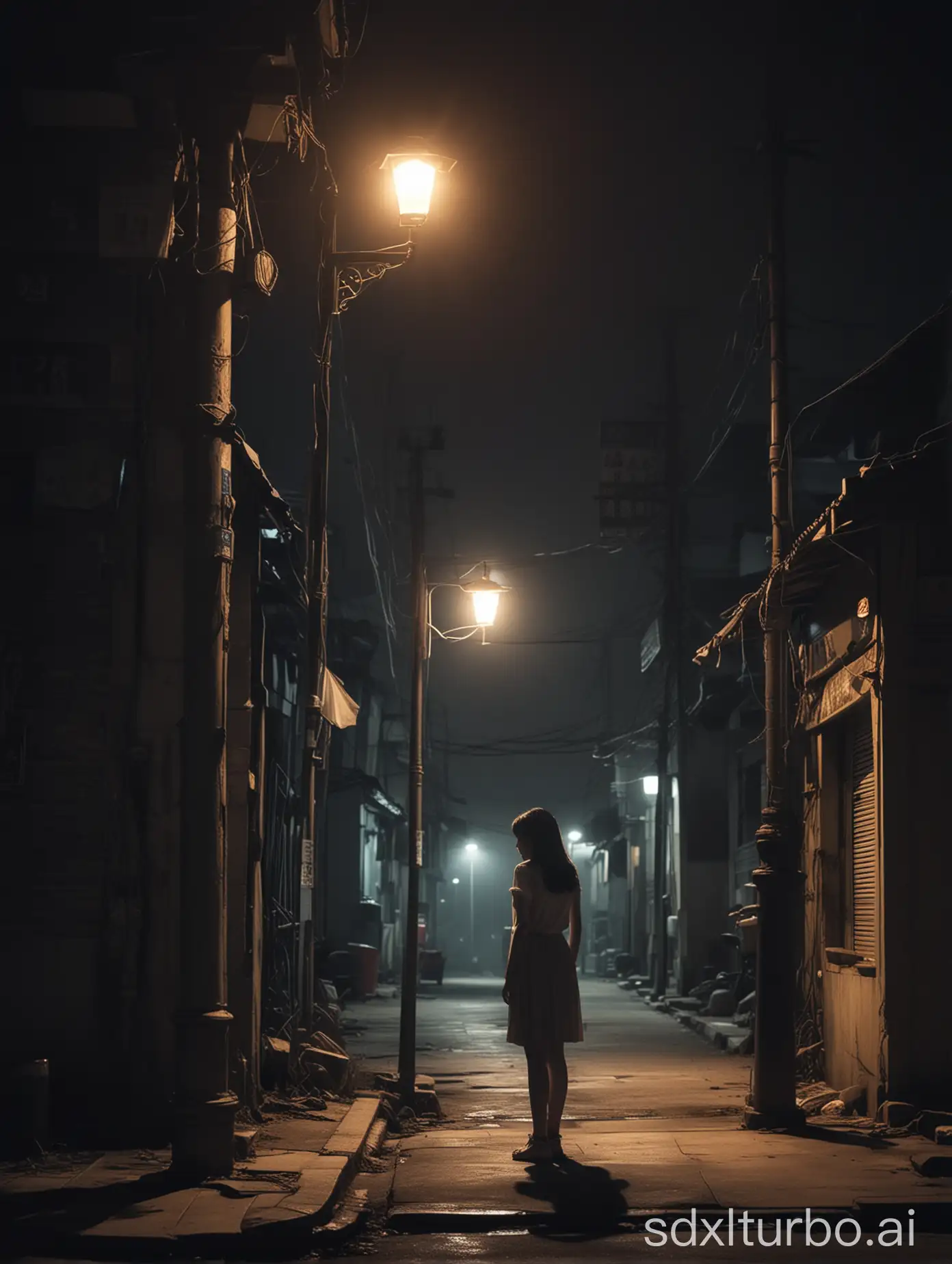 At night, a Chinese girl is standing lonely and sadly under a streetlight's glow