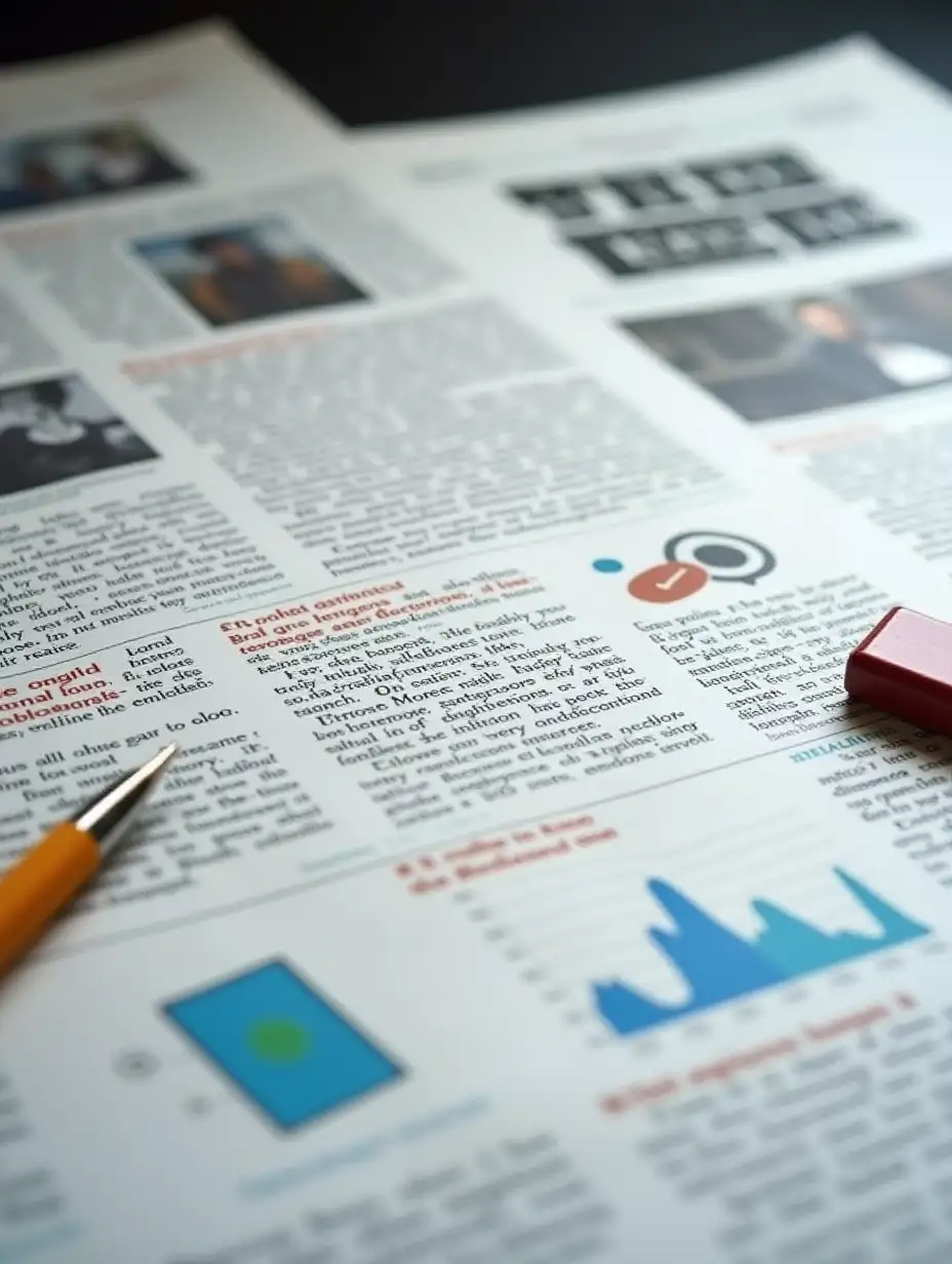 A composition of a digital newspaper with article snippets on law and digital marketing. Next to it, icons of blog posts, emails, SEO graphs. Soft lighting, editorial yet modern look. Ideal for a legal tech blog.