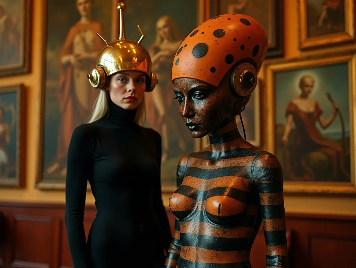 Woman-in-Black-Bodysuit-with-GoldPlated-Helmet-and-JellyfishHeaded-Statue-in-Vintage-Museum