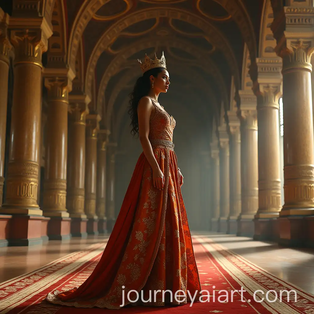Queen-in-Vibrant-Attire-Standing-Boldly-in-Grand-Royal-Hall