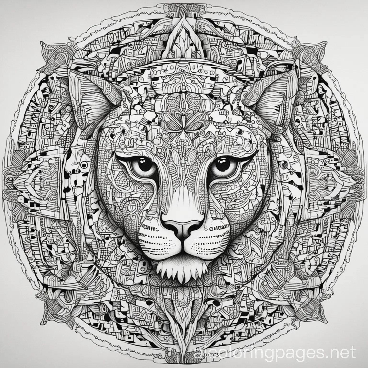 A Jaguar with vivid pattern inside of it, mandala design, coloring book photo, thick lines, no dots, just outline,, Coloring Page, black and white, line art, white background, vivid graphics, Mandela, Ample White Space. The background of the coloring page is plain white to make it hard for seniors to color within the lines. The outlines of all the subjects are easy to distinguish, making much difficulty, Coloring Page, black and white, line art, white background, Simplicity, Ample White Space. The background of the coloring page is plain white to make it easy for young children to color within the lines. The outlines of all the subjects are easy to distinguish, making it simple for kids to color without too much difficulty