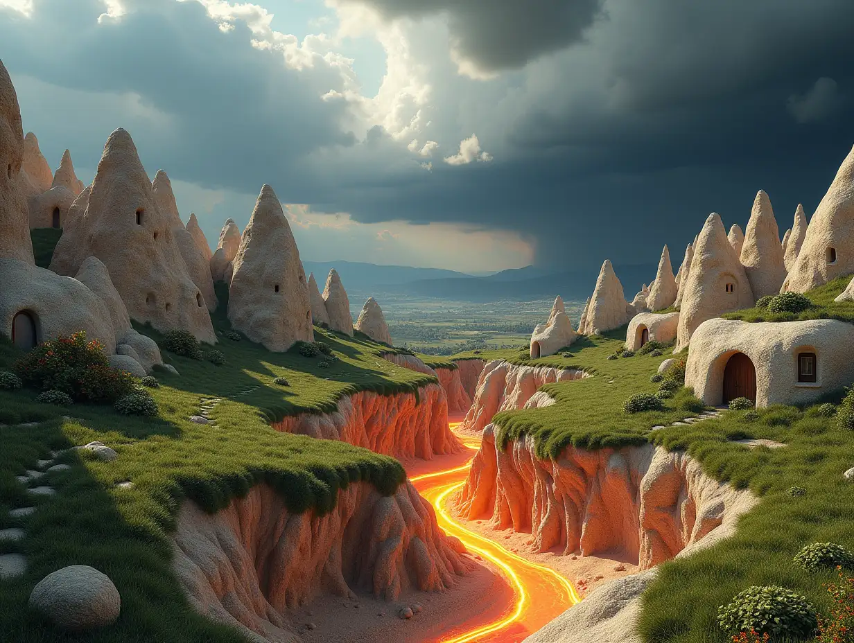 Create hyper-realistic landscape with extremely realistic rocky formations in limestone texture with areas covered in green grass, high definition and quality details that are used as ultra-realistic homes with their doors and windows in every home, in the style of Cappadocia, sandy and realistic soil with scattered shrubs full of extremely realistic flowers. On the ground, a large wide and deep crack reveals a large mass of boiling magma. In the distance, a great storm approaches formed by dark and dense hyper-realistic clouds and high definition in detail.