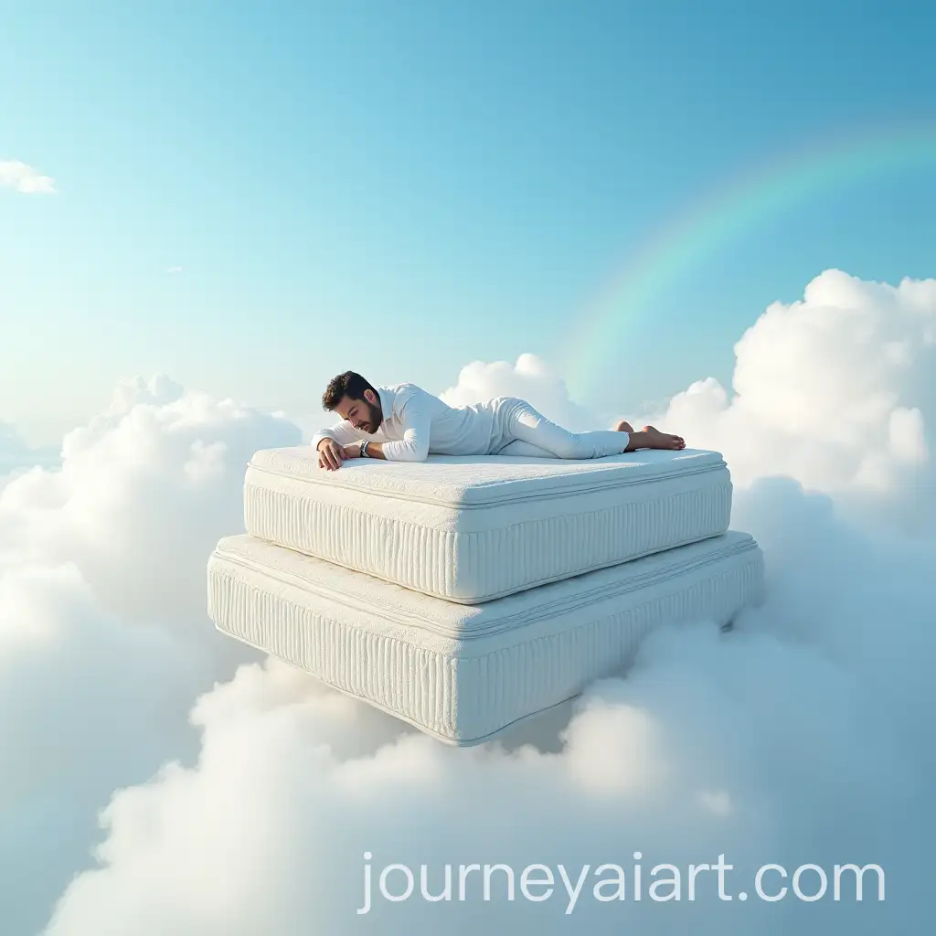 Man-Relaxing-on-Floating-Mattresses-Above-Clouds-in-Dreamy-Landscape