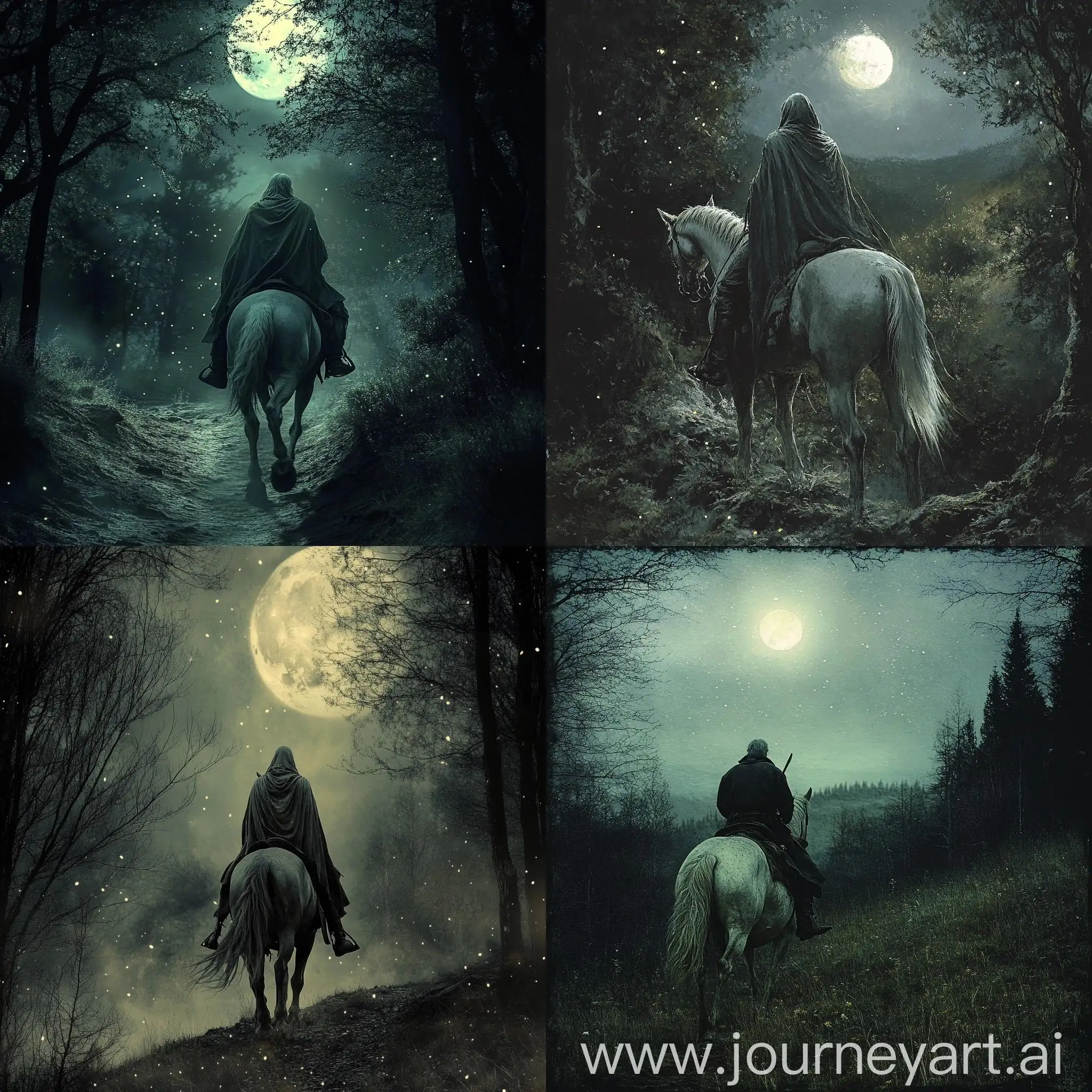 Lonely-Rider-in-Moonlit-Forest-with-Howling-Wolves