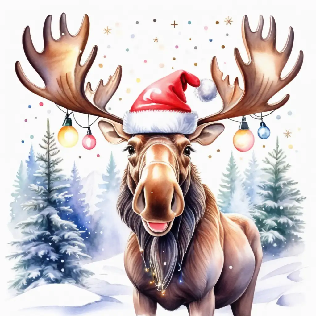 Cheerful Moose with Fairy Lights and Santa Hat in Snowy Watercolor Scene