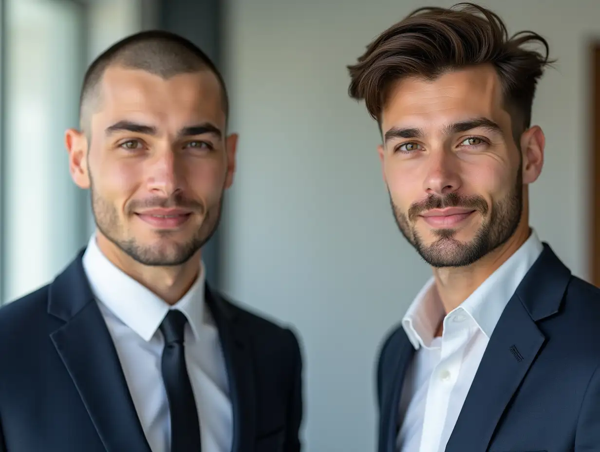 Generate a high-quality, side-by-side ‘before and after’ image of a stylish, attractive young man in his 20s, wearing a formal suit. In the ‘before’ side, his hair is shaved close, showing the early stage of a hair transplant procedure. In the ‘after’ side, his hair has grown to a medium length, looking full, thick, and healthy, reaching down to his ears. Both images should feature the same model with a confident and charismatic look, similar to a professional advertisement, and have a clean, modern background to keep the focus on the transformation.