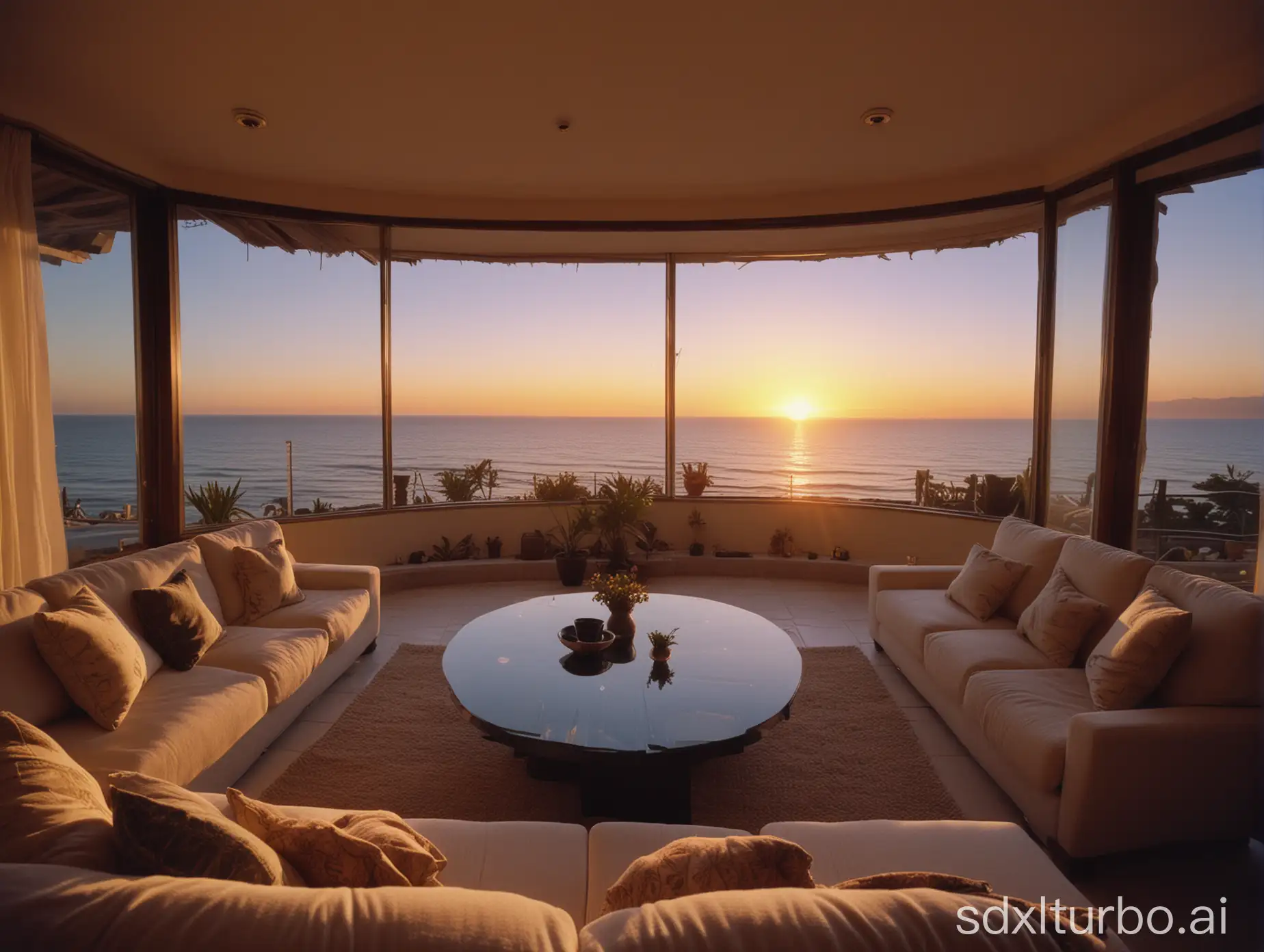 The image shows a cozy living room with a panoramic view of the ocean and a sunset.fuji provia，Wide Angle
