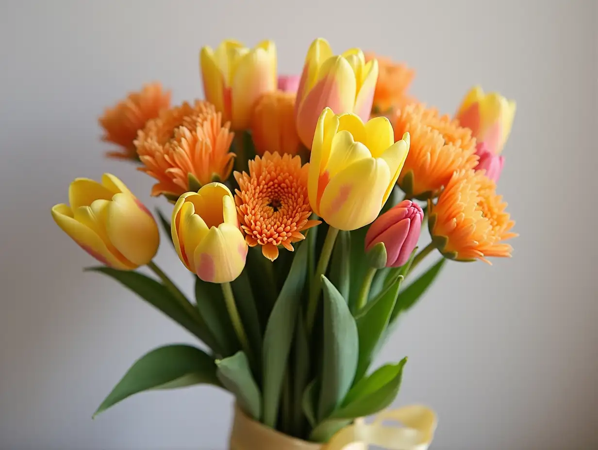 Tulips and mimosas, bouquet tied with atlas ribbon. Tenderer than tender