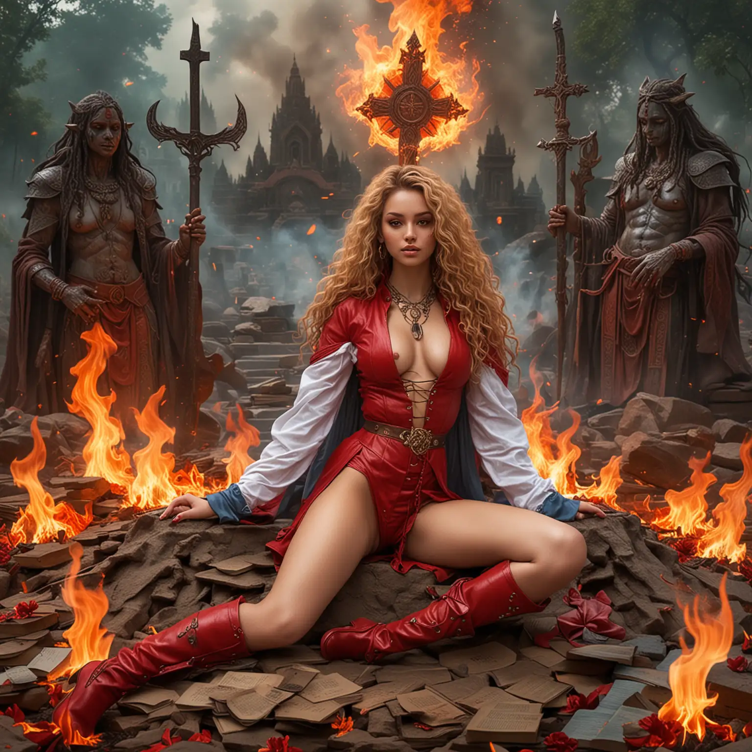 goddess empress beautiful adolescent goddess sorceress she-demons with tight fitting red suit and red boots with long curly hair colors blue honey blonde white red green and black with red trench coat while floating in the air and sitting in lotus position surrounded by circles of fire and dragon tattoos on their beautiful bodies, sexy lush leg with a big white book full of fire and background giant Hindu city and large crucifixes made of fire and the word kaliman war of the kali written with fire 