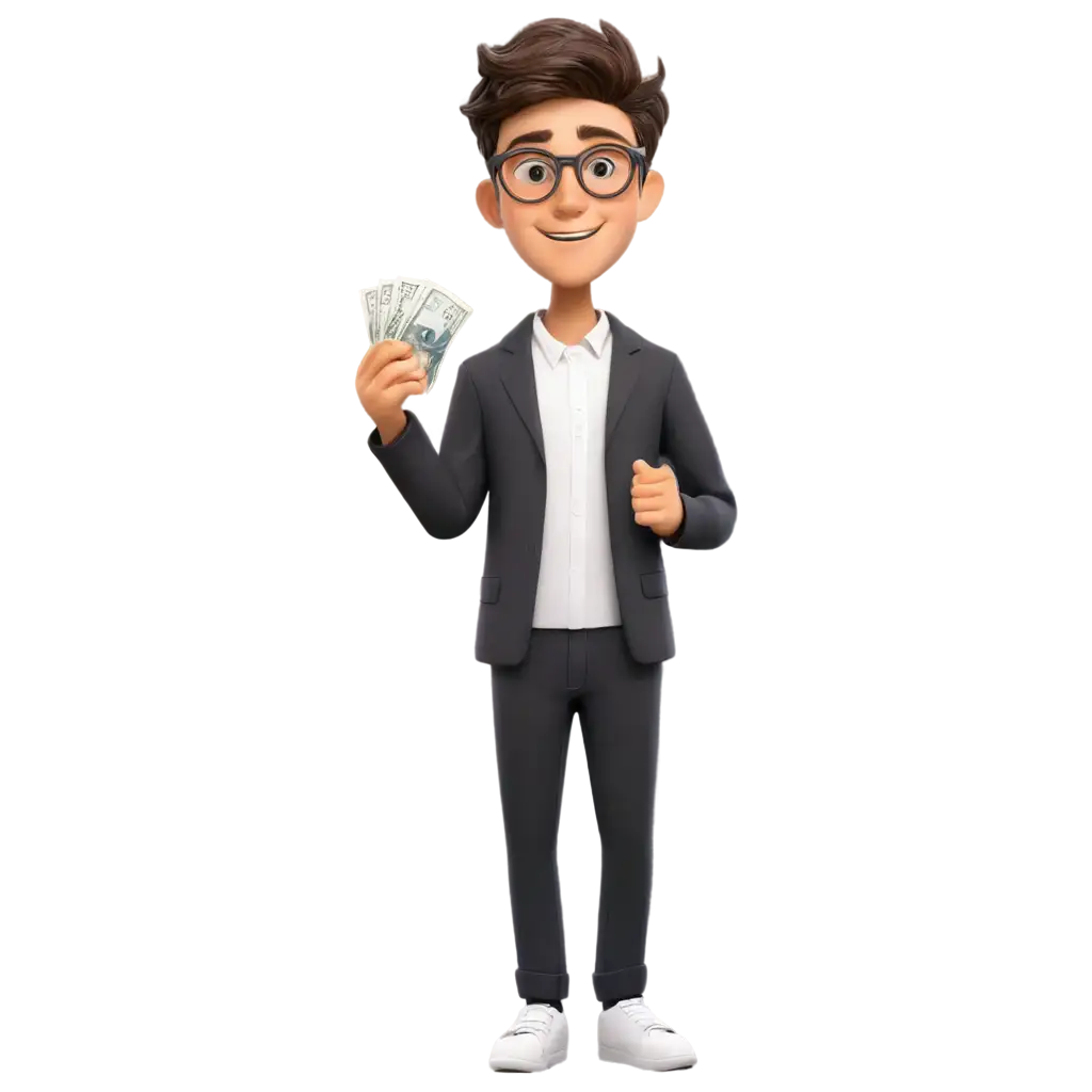 Cartoon-Boy-Blogger-in-Glasses-Holding-Money-HighQuality-PNG-Image-for-Diverse-Uses