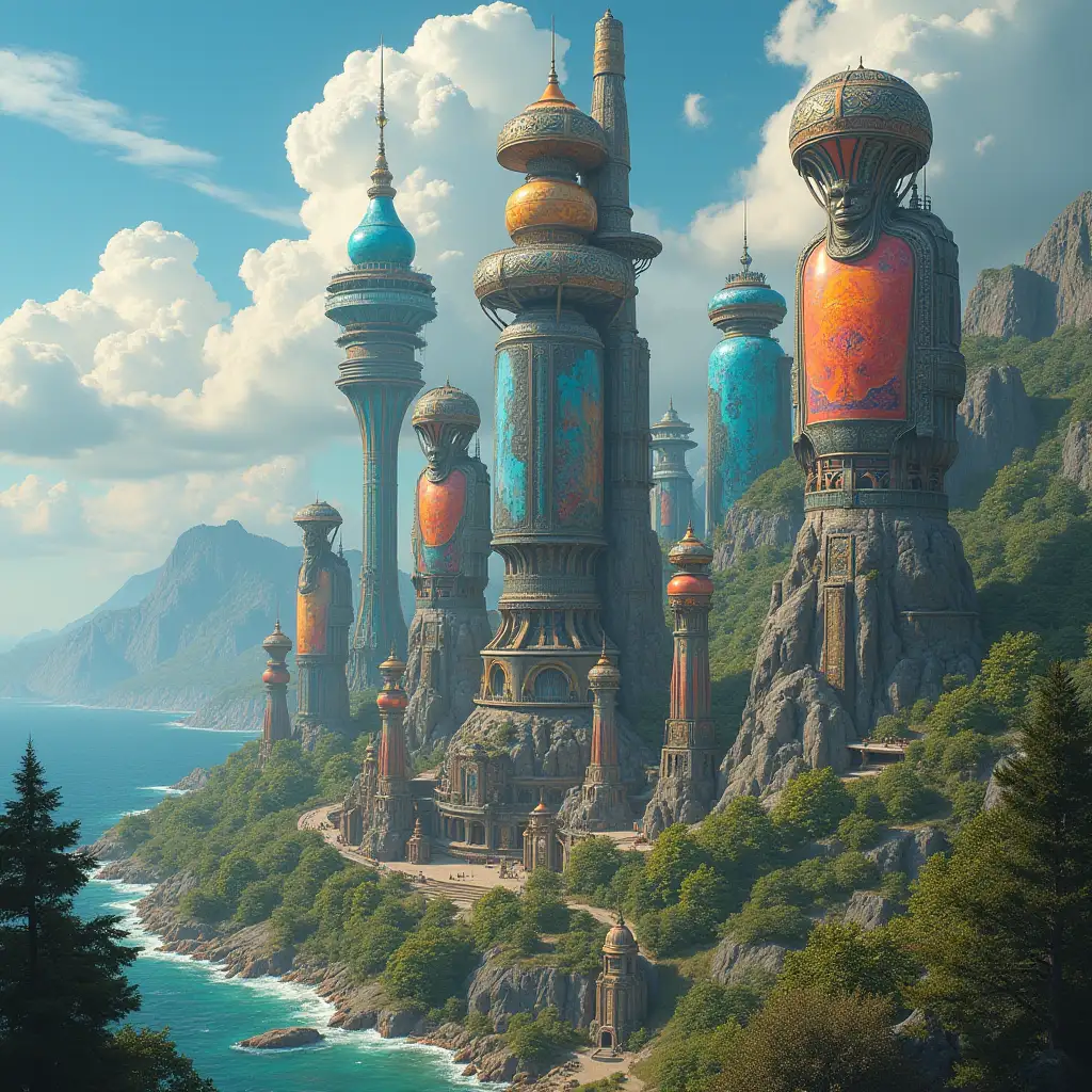 ultradetailed hyperrealistic portrait Multiverse time traveler with various foreign beings with futureistic glass towers that are elaborately detailed, colorful, forested, with mountains and sea in the background