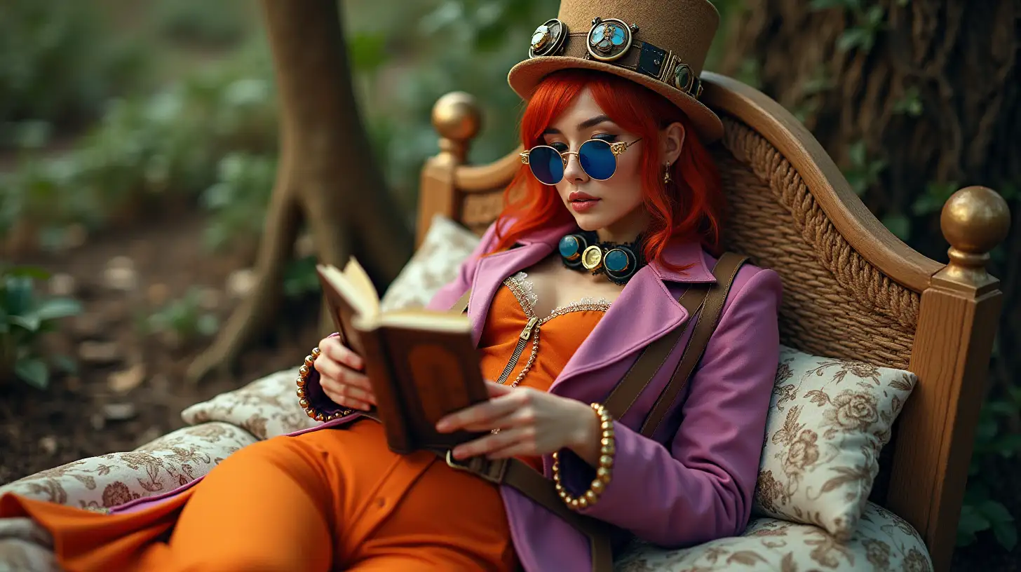 Steampunk Woman Reading in a Sunny Forest Glade