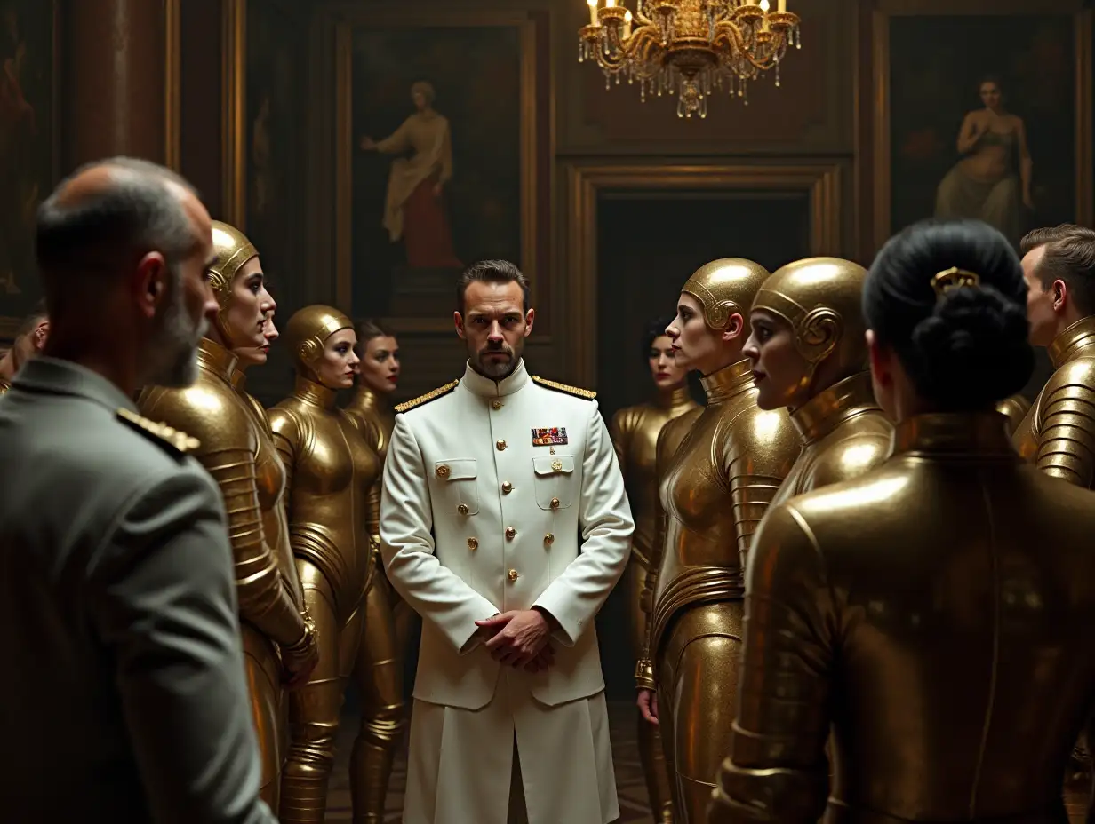 realistic image of a man in a white officer’s suit surrounded by people dressed in shiny metallic suits , he is talking to a strange woman with two faces in gold-striped armor , in a huge dark mansion room , richly decorated with paintings and statues , Extra-Heavy, Burlesque, Folk  