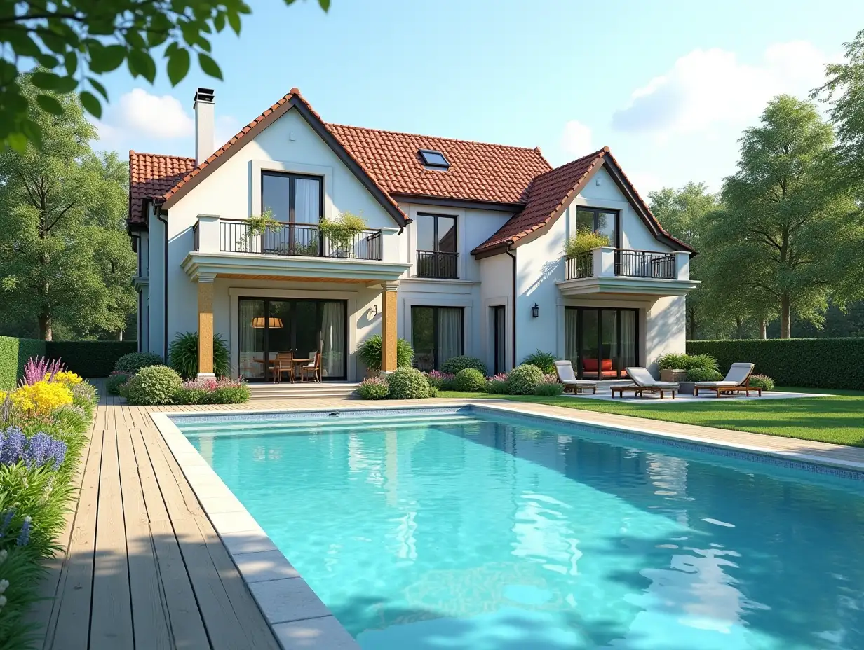 Create for me a house with a large garden and pool with a big house, colorful bushes