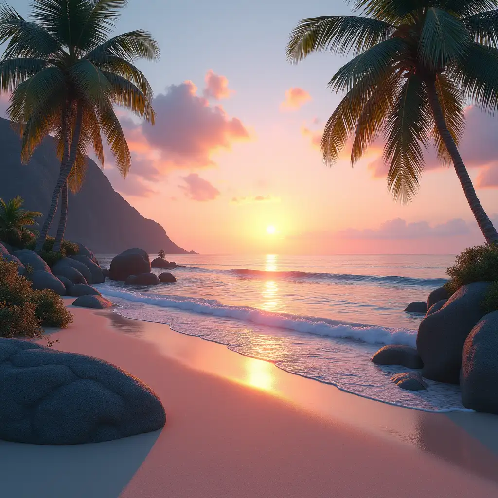 Create an exotic hyperrealistic beach landscape at dawn