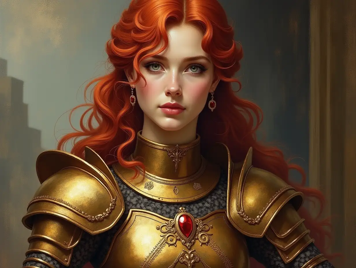 A detailed portrait of a warrior woman in Renaissance style, inspired by classic European Renaissance paintings. She has vibrant red hair styled elegantly and wears an ornate armor with intricate golden and red designs, reflecting the classical Renaissance approach to light and texture. Her armor features wing-like shoulder pads and a central jewel on her chest plate. The background is a soft, painterly scene with a blurred, atmospheric effect, resembling the work of Renaissance masters, using oil painting