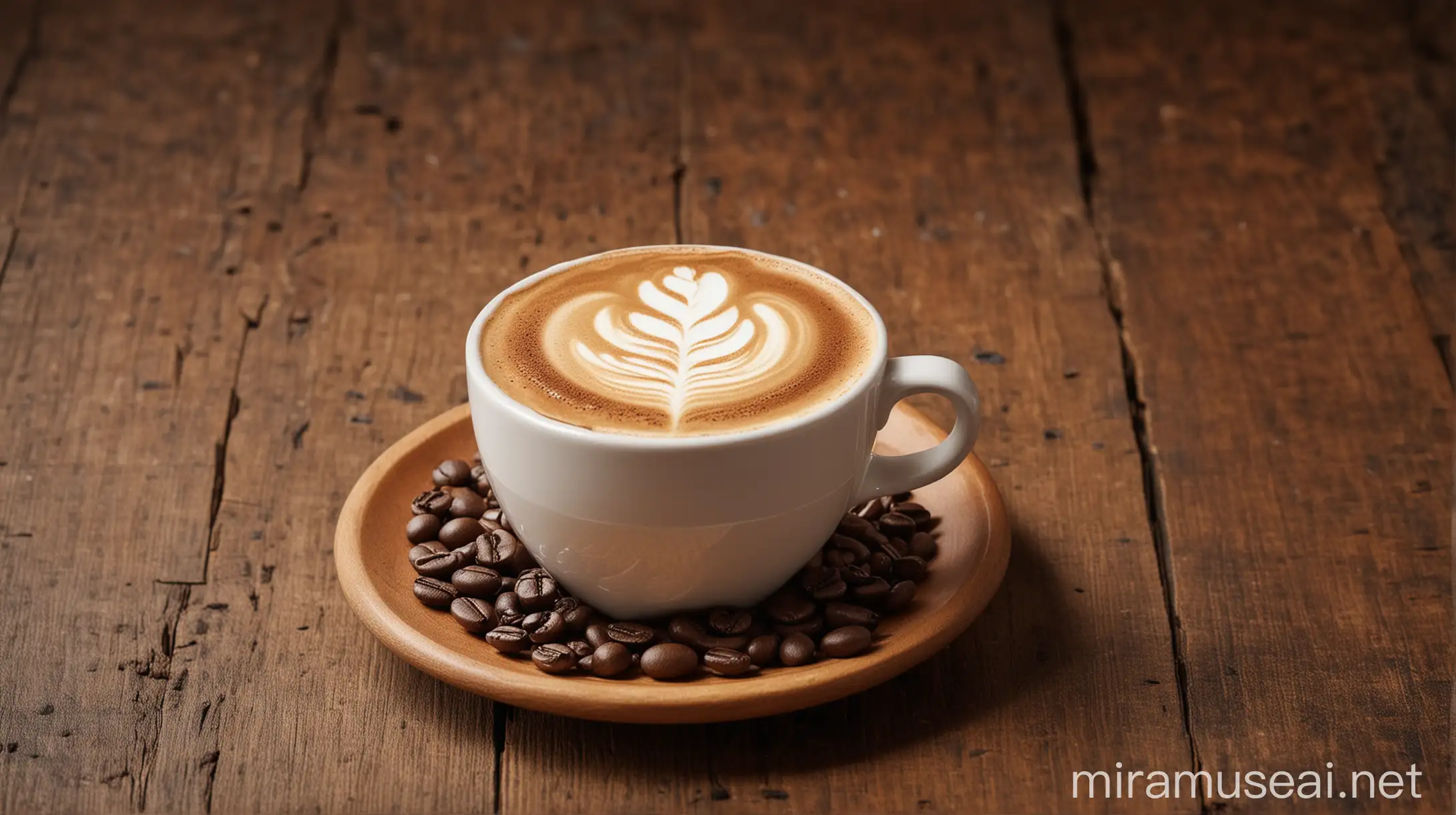 Sophisticated Latte Art on Rustic Wooden Table in Cozy Coffee Shop