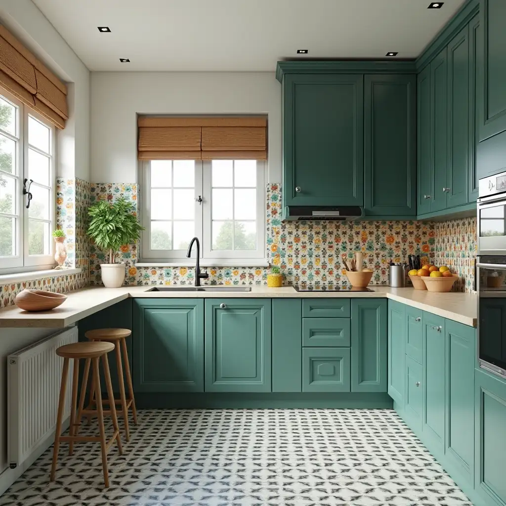 create a kitchen interior. Green-blue cabinets, colorful tile with star pattern on the wall, black and white tile floor. window. wooden blinds on the window. console and bar stool near the window. kitchen area is 8 m 2. ceiling height is 2.5 m.