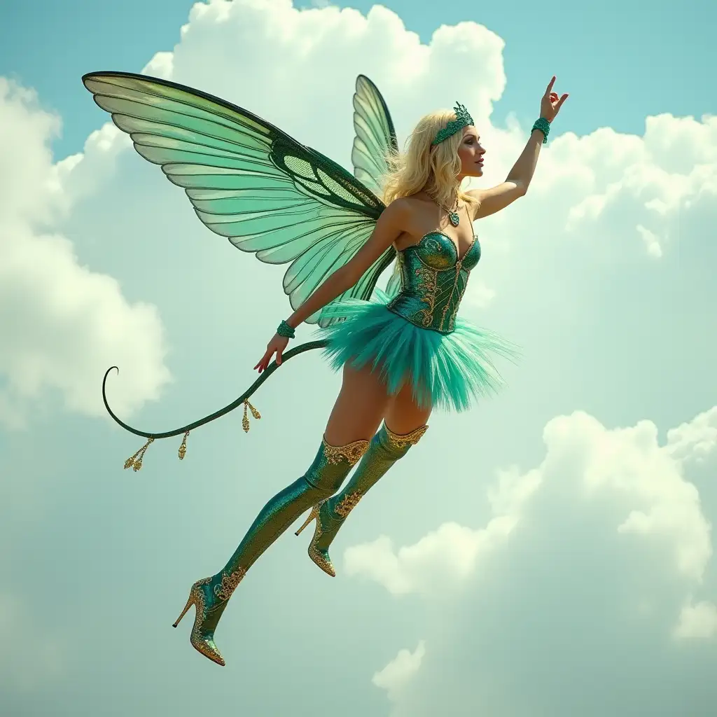 A photo of a blonde fairy with large, shiny, iridescent green-blue hummingbird wings and a long green-blue bird tail. She is flying in the sky above the clouds. She is wearing a golden patterned blue latex dress and golden patterned green latex thigh-high stiletto boots. The background contains a cloudy sky. Stiletto high heels is side view.