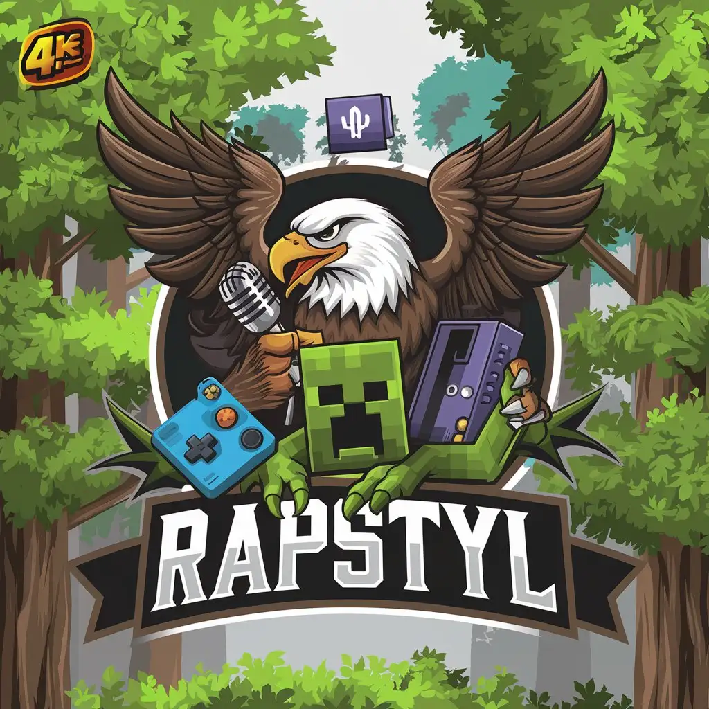 LOGO Design for Rapstyl Eagle with Microphone and Creeper Theme in Forest with Nintendo 2DS and Phone Elements