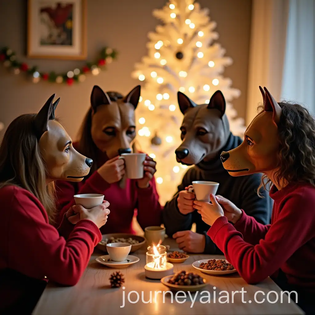 Family-of-Four-Drinking-Hot-Tea-Under-a-White-Christmas-Tree-with-Dog-Masks