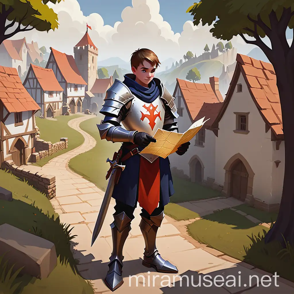 Young Knight Holding Ancient Map at Village Edge