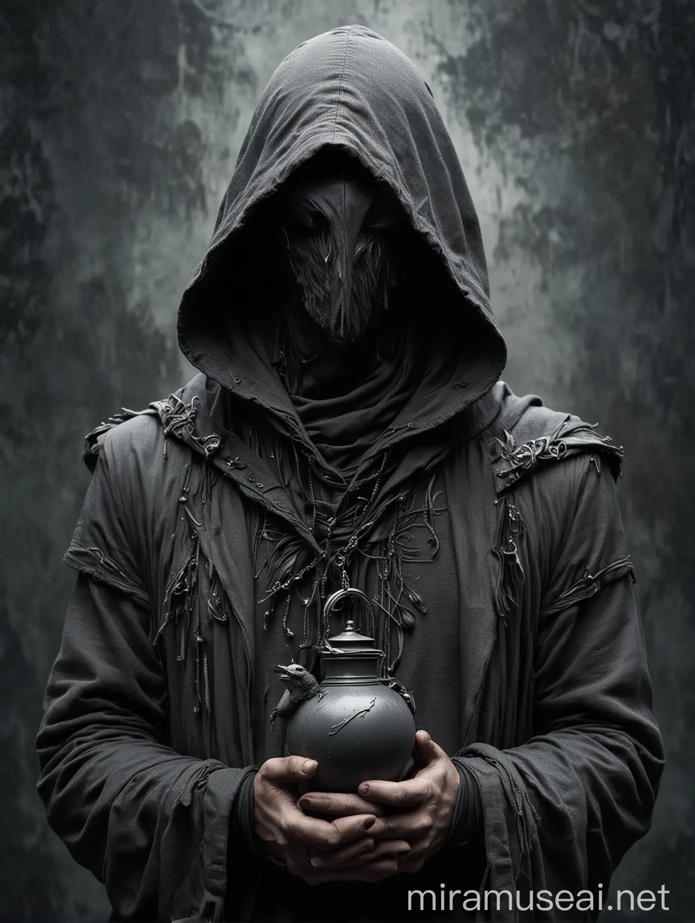 Mysterious Male Figure in Gray Clothes with Raven and Potion