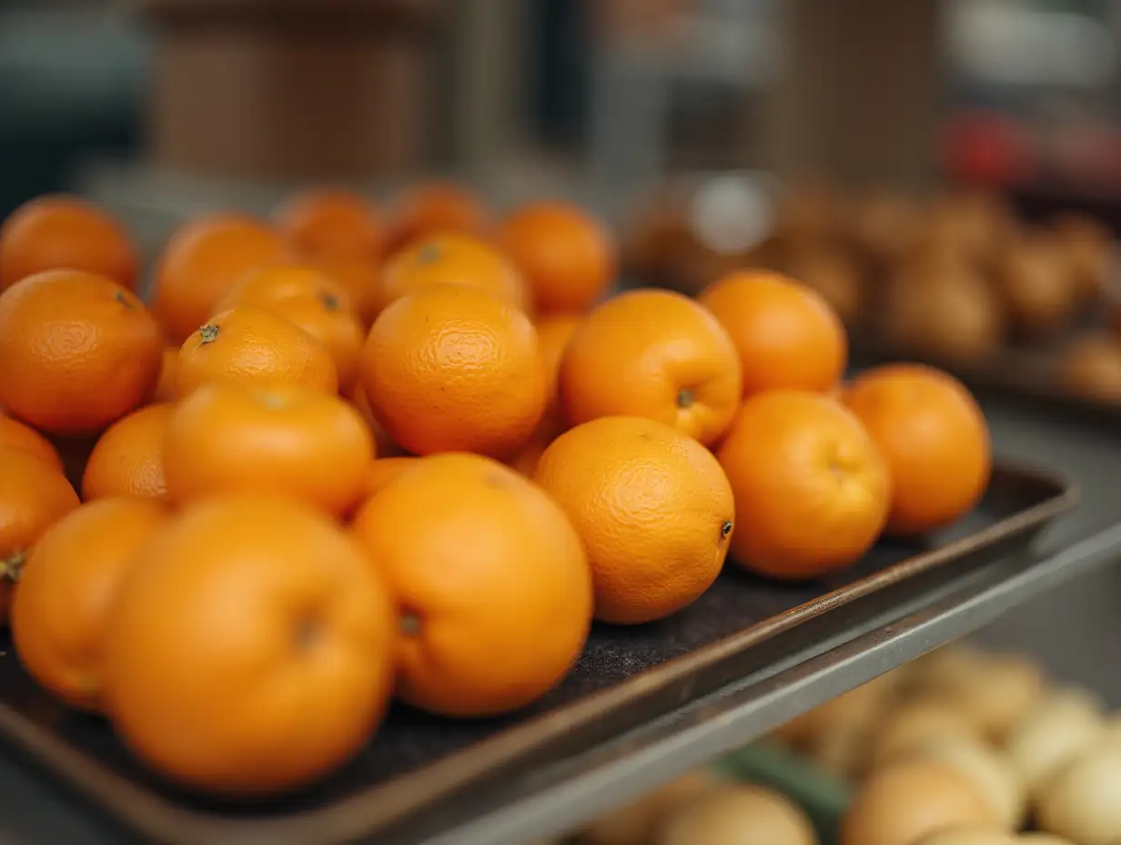 oranges on a tray, laughing.