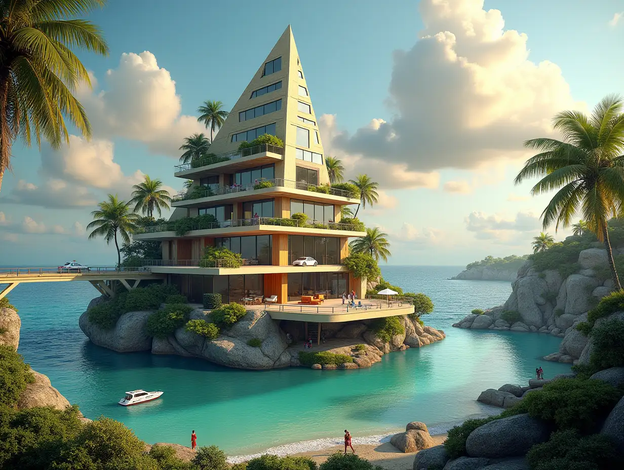 Create a high-resolution, realistic panorama image of a futuristic terrace building with window pyramid house with bridge, a yacht and a small boat beach with people, many plants and green and yellow and red facades  with sea with waves, large trees,brown clouds